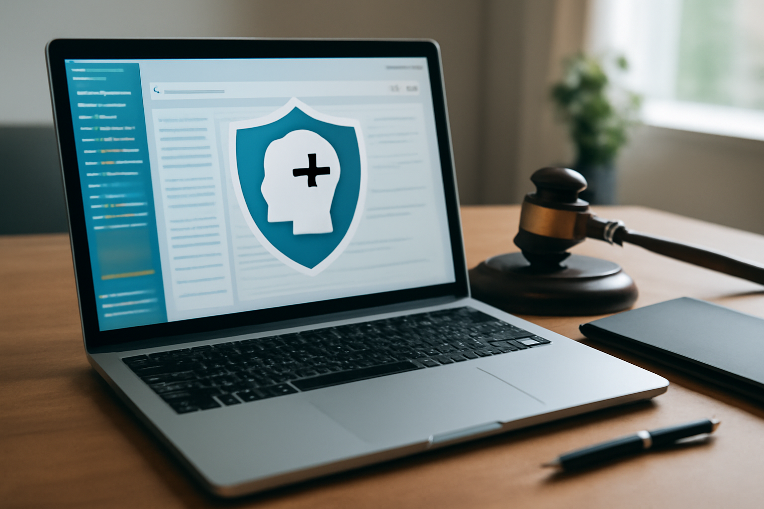 Therapist's desk with laptop displaying charts, a notebook and pen; Therapy Private Practice Software Buyer Guide.