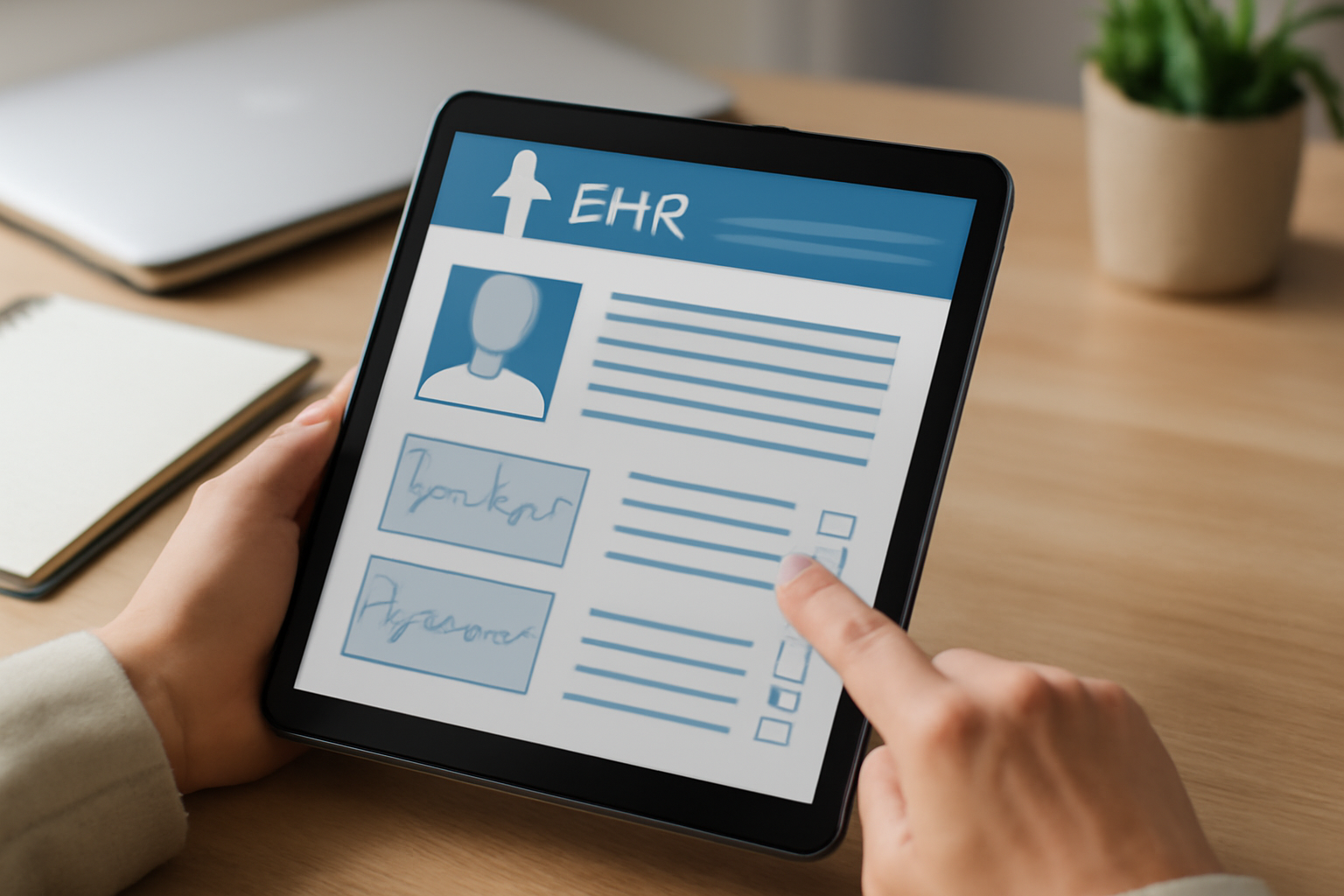Therapist uses laptop to view patient charts; Choosing the Right EHR for Therapists to Boost Efficiency