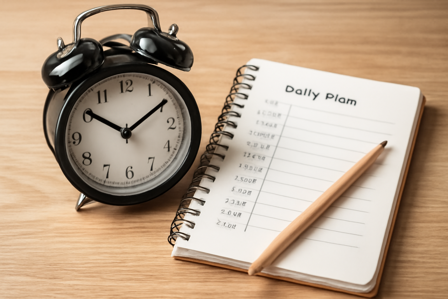 Planning day with calendar, notebook clock for Master Time Management with Practical Daily Routines.