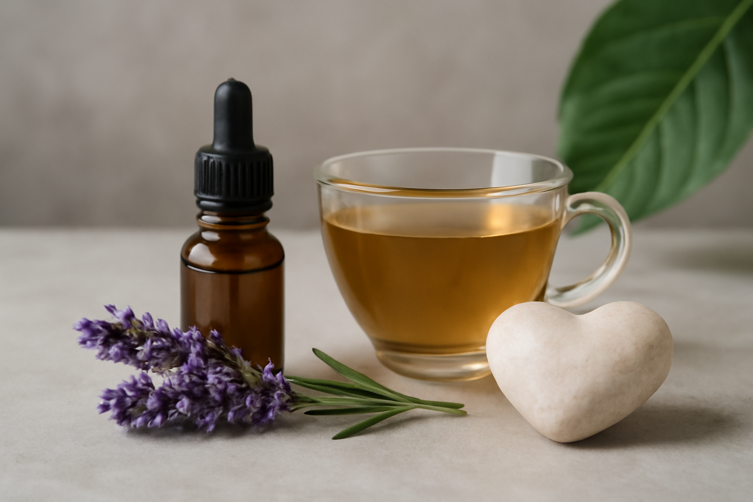 Calm scene with herbs, tea, and a notebook; evidence-based remedies for stress and anxiety.