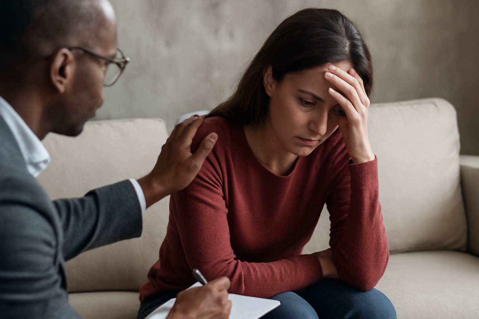 Therapist and client in a calm office discuss What to Expect From Therapy.