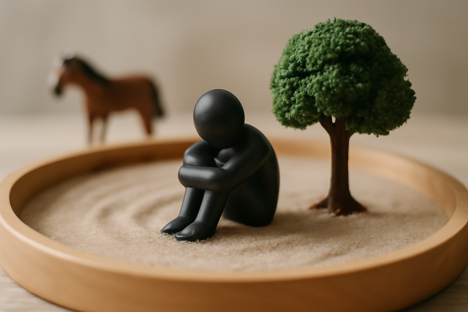 Sand tray with miniature figures arranged in a scene about trauma and emotional regulation.