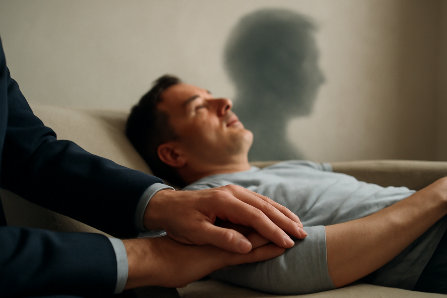 Person in a calm therapy room undergoes regression therapy, exploring traumatic memories for healing.