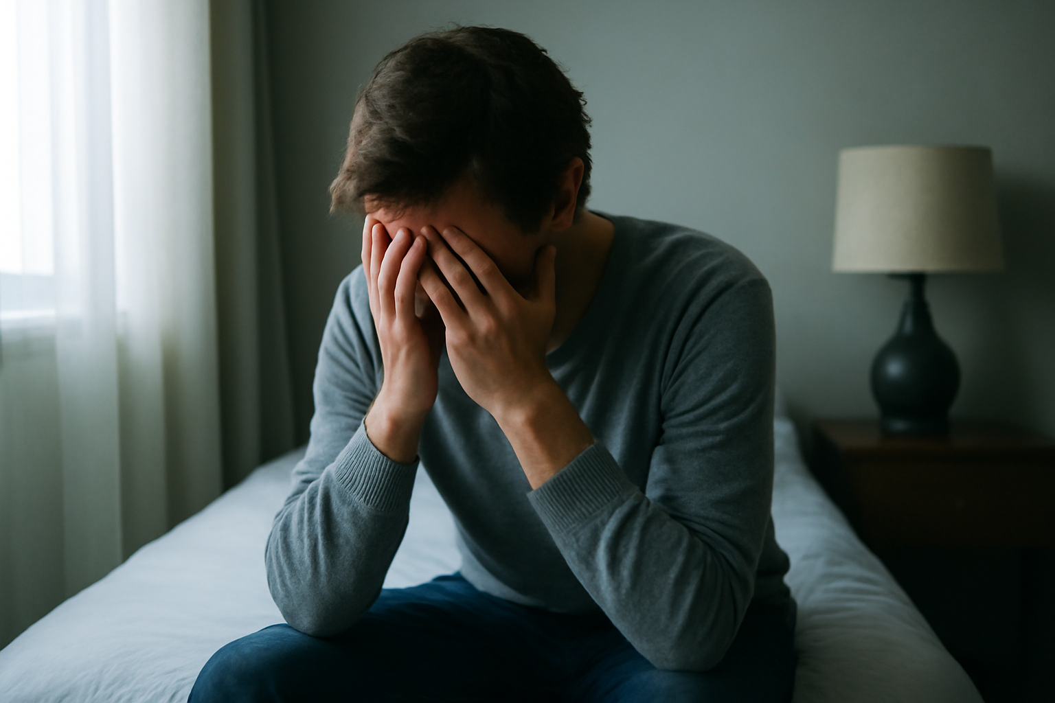 Person sits with head in hands, somber mood; pills nearby; blog: Acute Depression-Causes, Symptoms