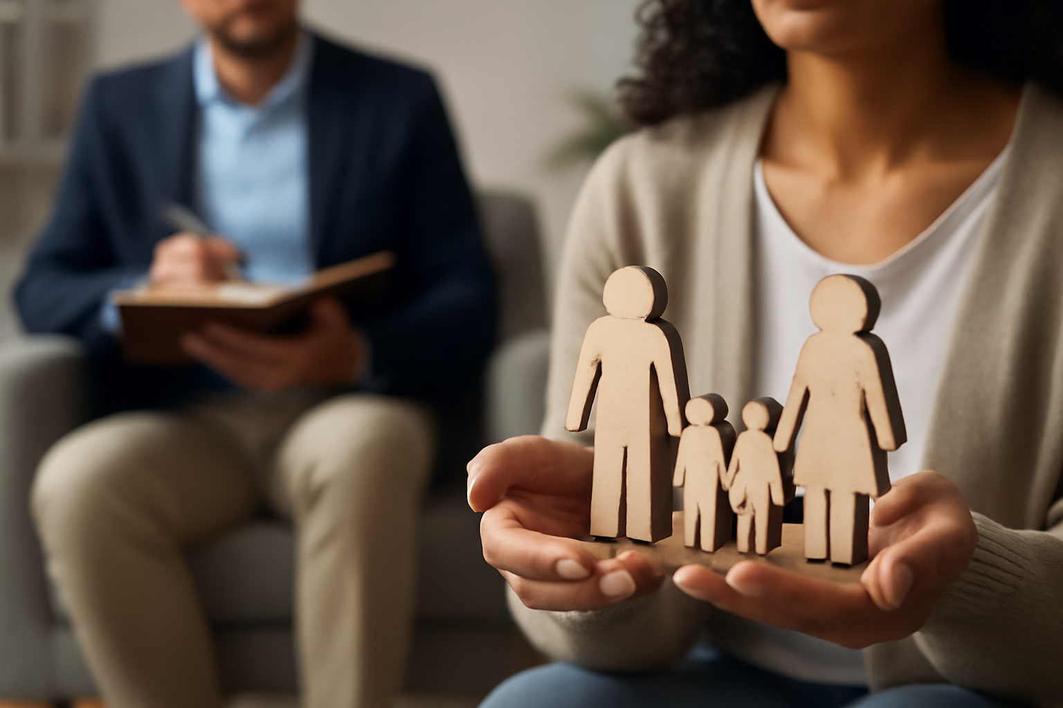 Person on a cozy couch discusses childhood memories with a therapist in a calm, supportive room.