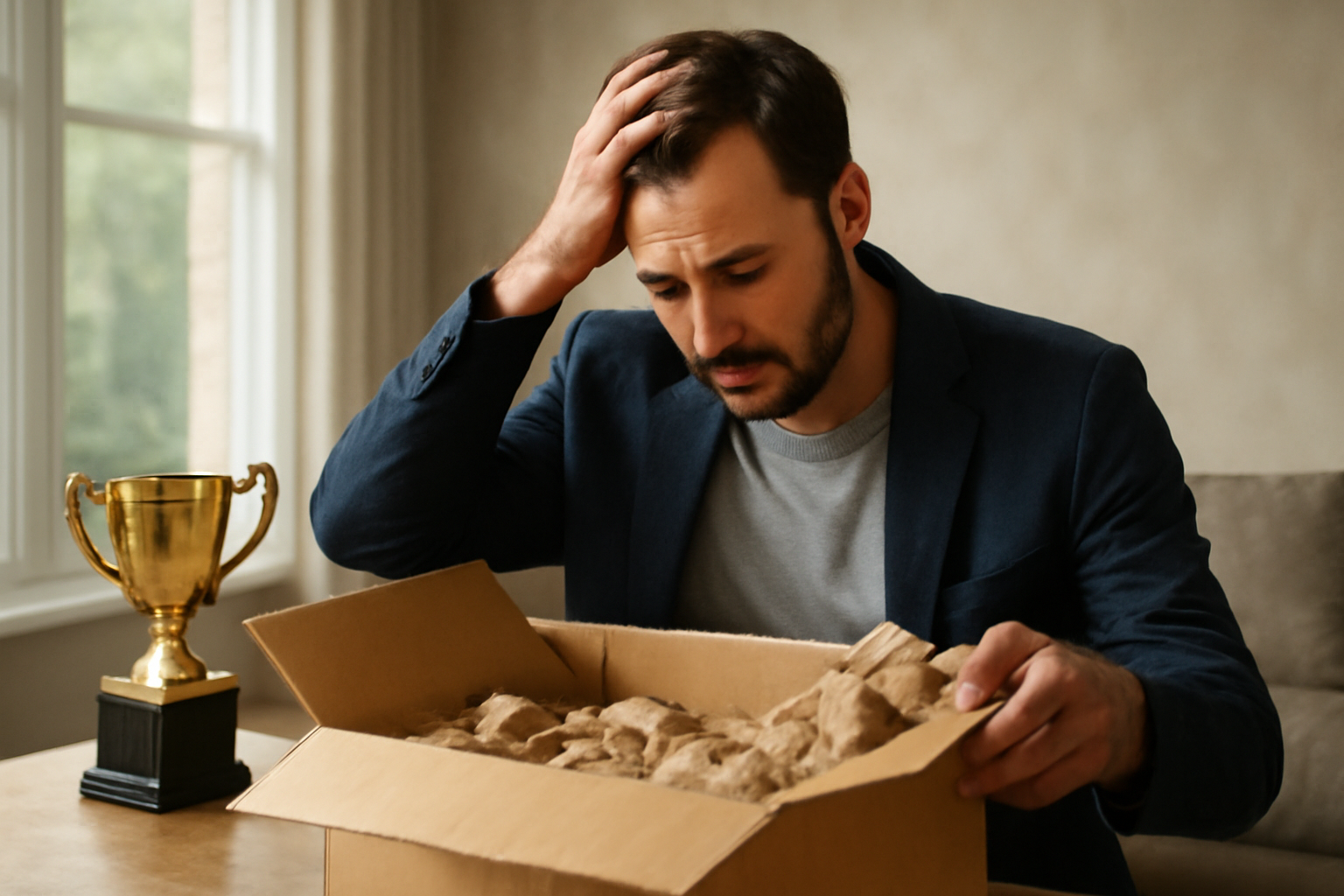 Person at a cluttered desk, reflecting on Unpacking Success Anxiety After Making It, with laptop.