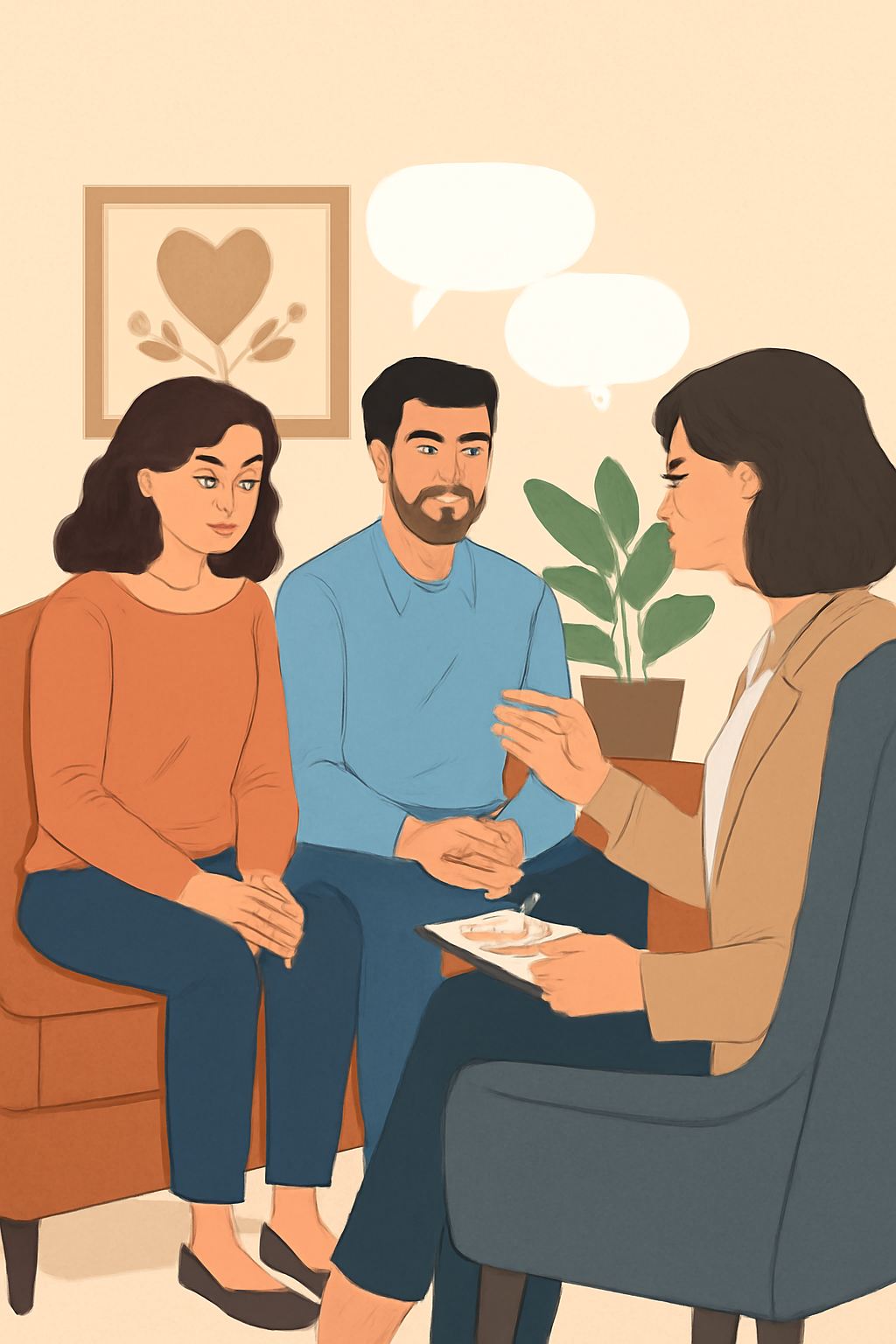 Couple in therapy with a counselor; overview of what happens in marriage counseling and couples therapy.